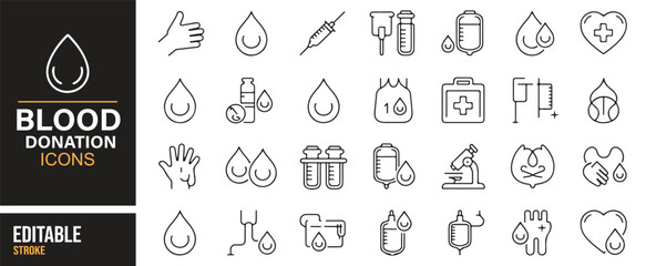 Blood donor icons – health, laboratory, syringes, transfusion outline designs