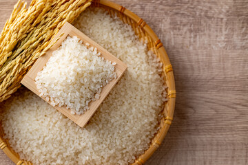 Japanese Rice in a Masu Box

A close-up of Japanese white rice in a traditional wooden masu box, with golden rice stalks in the background. This image captures the freshness and tradition of Japanese 