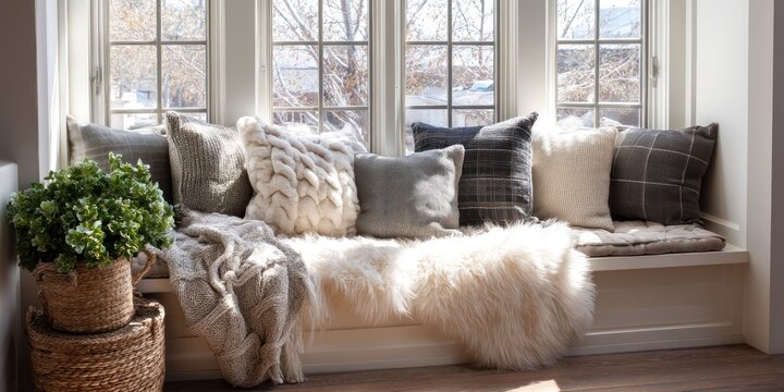 Window seat with plush cushions and cozy blankets in a warm reading nook - Powered by Adobe