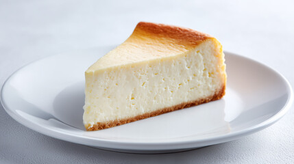 白い皿にのった一切れのベイクドチーズケーキのクローズアップ