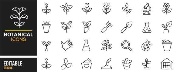 Naklejka premium Editable botanical vector icons set – nature, science, ecology, herbal pack
