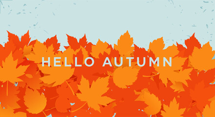 Vibrant orange and red maple leaves forming a beautiful autumn foliage border against a light blue textured background, seasonal vector illustration