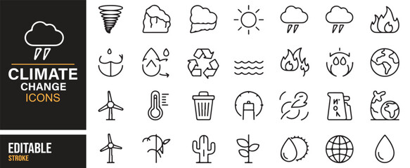 Editable climate line icons set – ecology, sustainability, weather, disasters vector