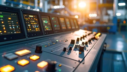 Industrial control panel with illuminated screens in a factory.