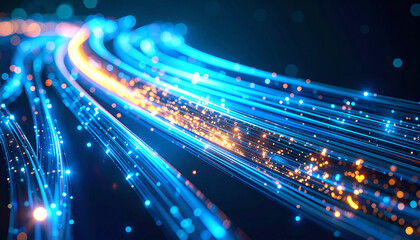 Digital Fiber Optics: A stunning visual of digital fiber optic cables transmitting data across a vast network, lit up with vibrant hues of blue and gold.
