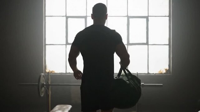Cinematic Silhouette of a Man with a Gym Bag Walking into a Hazy, Backlit Gym
