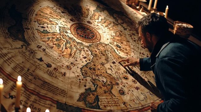 Over-the-shoulder view of a Magus studying a hand-drawn celestial map filled with stars, constellations, and mystical symbols, evoking ancient astronomy, prophecy, and sacred knowledge.
