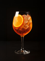 Close-up of a refreshing Aperol Spritz cocktail in a wine glass with a stem, garnished with orange slice and ice cubes. Sparkling bubbles and condensation emphasize freshness and elegance.