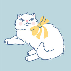 Cute cartoon white fluffy cat with yellow bow. Hand drawn vector illustration in vintage style. Funny retro pet character card template. Kitsch porcelain kitty isolated on blue.