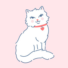 Cute white fluffy cat with red collar. Hand drawn vector illustration in vintage style. Funny retro pet character card template. Kitsch porcelain kitty isolated on pink.