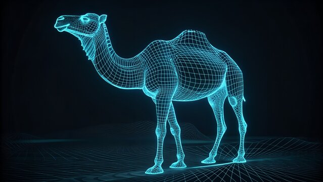 Neon Trek – Wireframe Camel Illustration with Glowing Blue Mesh on Dark Background, Abstract, Futuristic, Nature, Tech, Simulation - Powered by Adobe