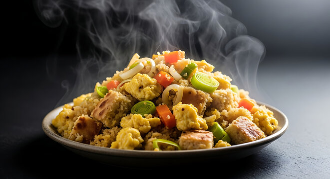 Photograph of freshly prepared egg kottu roti with steam rising