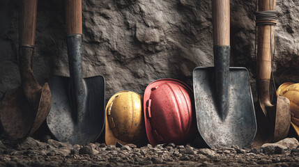 mining tools and safety helmets put at stone wall of cave, construction and labor professional equipment. industries and services centered around manual technical work.