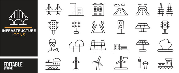 Minimal line infrastructure vector pack – roads, bridges, power, solar, traffic