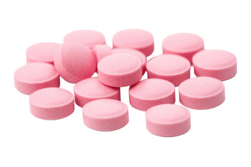 Pink pills are neatly arranged and isolated on a clean white background emphasizing their smooth surface and vibrant color