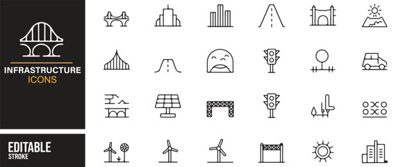 Infrastructure outline illustrations – bridges, roads, solar energy, urban design
