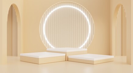 Beige square podium, beige background with neon lights for advertising products, fashion, cosmetics, perfume, skin care cream, premium spa, 3D rendering.