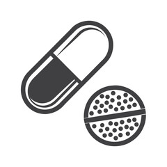 Capsule Pill and Round Tablet Icon, Pharmacy Treatment on White Background