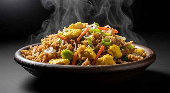 photograph of freshly prepared egg kottu roti with steam rising