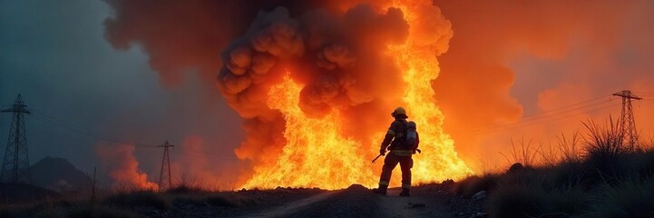 Brave firefighters battling a fierce blaze, smoke billowing, dramatic scene of courageous rescue operation , heat, wildland fire