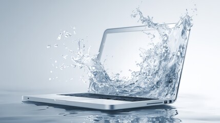 A laptop splashing water showcasing a unique blend of technology and nature.