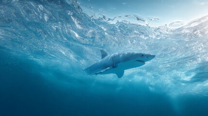 Fototapeta premium A majestic shark swimming gracefully through the clear blue ocean waters.