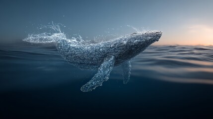 Naklejka premium A majestic whale swimming gracefully through serene ocean waters at sunset.