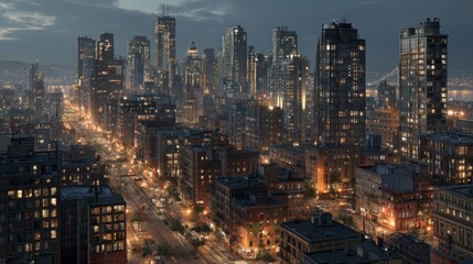 Fototapeta premium A high-angle view of a bustling city at twilight, showcasing illuminated streets and towering structures.