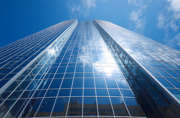 Tall glass building reflecting blue sky