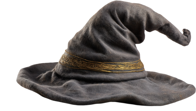 Gray Witch's Hat with Gold Band on Black Background