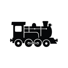 Classic black silhouette of a steam locomotive engine with wheels and smoke stack on a white background
