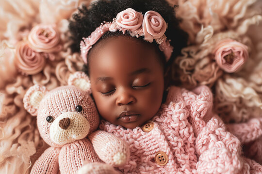 Newborn african american girl in pink suit with toy teddy