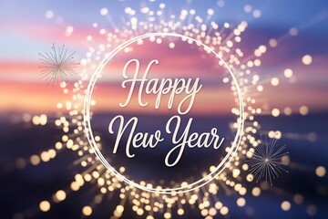 Happy new year greeting card with sparkling fireworks on blurred background
