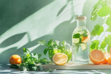 Fototapeta premium Refreshing still life with citrus fruits and herbal infusion in sunlight