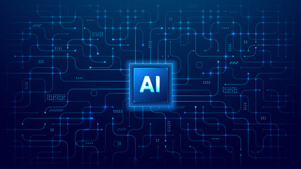 AI chip with abstract circuit board on technology blue background. Light semiconductor in the center of tech bg. Digital vector illustration. Processor or microchip with Artificial Intelligence icon.