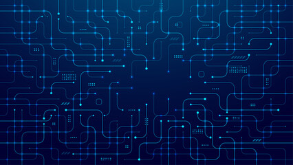 Technology background. Circuit board. AI chip, wires, and electronics components on a dark blue cover. Abstract tech pattern. Artificial Intelligence and Machine learning. Digital vector illustration © AntonKhrupinArt