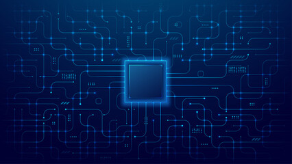 Empty semiconductor on circuit board blue background. AI chip on tech bg. Abstract processor with light blue wires and electronics components. Digital vector illustration.