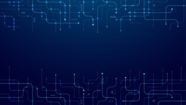 Futuristic circuit board design with flowing blue gradients, network connections, and minimalist semiconductor patterns for smart technology presentations.