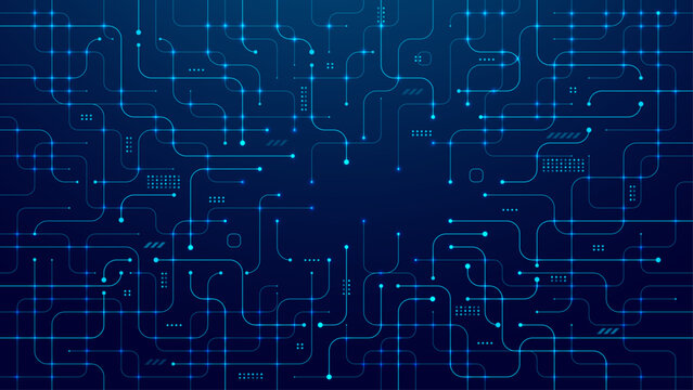 Technology background. Circuit board. AI chip, wires, and electronics components on a dark blue cover. Abstract tech pattern. Artificial Intelligence and Machine learning. Digital vector illustration