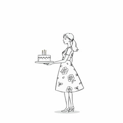 Woman holding a birthday cake with candles in floral dress  