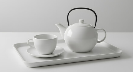 Fototapeta premium White Tray with Teapot, Cup, and Saucer PNG