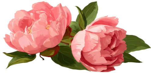 Two Pink Peonies with Green Leaves on Transparent Background
