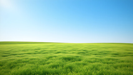 Naklejka premium Landscape view of green grass field with bright blue sky background.