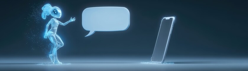 Fototapeta premium A futuristic holographic figure interacts with a smartphone, symbolizing advanced communication technology and digital conversation, Halloween with AI