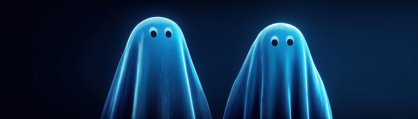 Two translucent blue ghosts with large eyes against a dark background, creating a whimsical, playful atmosphere, Halloween with AI