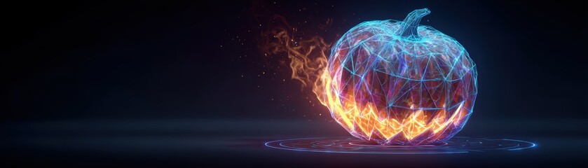 A glowing, digital pumpkin with vibrant flames, showcasing a fusion of technology and Halloween themes, Halloween with AI