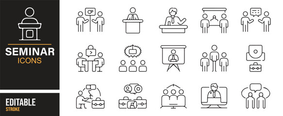 Collection of seminar-themed icons featuring speakers, audience, and group activities for conference and workshop designs.