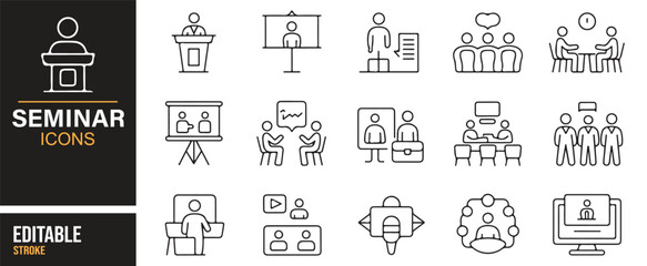 Vector icons for seminar events, including speakers, presentation boards, and group discussions for professional use.