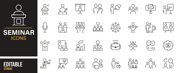 Set of vector icons depicting seminar-related activities like presentations, speakers, and group discussions for business events.