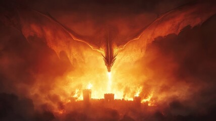 Obraz premium Majestic dragon soaring above medieval castle in epic fantasy scene